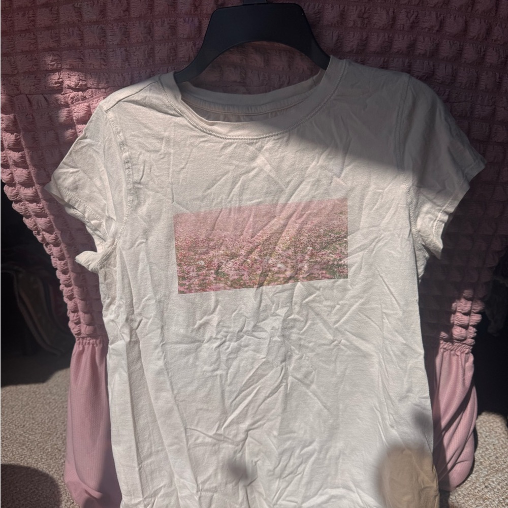 White Graphic T-Shirt with Pink Floral Design